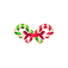 Сhristmas logo, red candy with bow, pixel art icon. Isolated vector illustration. Design for stickers, logo, app.