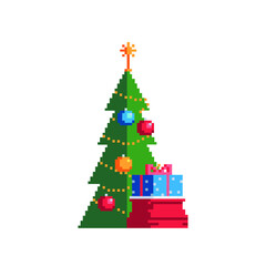 Christmas tree with presents bag. New Year greeting card design. Sticker design. Pixel icon. Isolated vector illustration