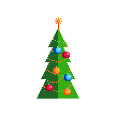 Fir-tree sticker. Spruce pixel art icon design for greeting card logo, web, mobile app, badges and patches. Video game sprite. 8-bit. Isolated on white background vector illustration. 
