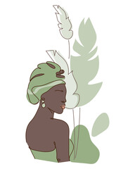 Black skin woman body silhouette in traditional hair hat. Beauty ethnic character of African, American with simple shapes and plant vector illustration in flat design