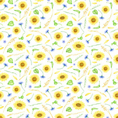Watercolor flowers seamless pattern. Hand painted sunflowers, cornflowers, leaves, petals and wheat spikelets illustration. Floral repeated background isolated on white for wrapping, fabrics