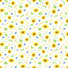 Obraz premium Watercolor flowers seamless pattern. Hand painted sunflowers, cornflowers, leaves, petals and wheat spikelets illustration. Floral repeated background isolated on white for wrapping, fabrics
