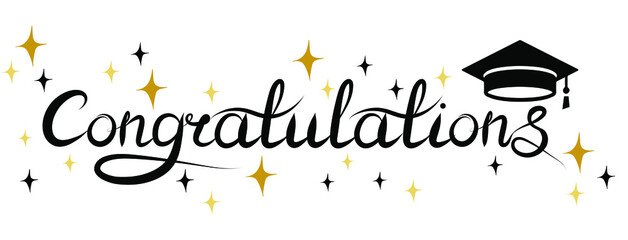 Congratulations text with golden stars and academic cap. Congrats Graduated. Hand drawn elegant modern calligraphy. Design for greeting cards and invitations. Vector illustration.