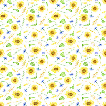 Watercolor flowers seamless pattern. Hand painted sunflowers, cornflowers, leaves, petals and wheat spikelets illustration. Floral repeated background isolated on white for wrapping, fabrics