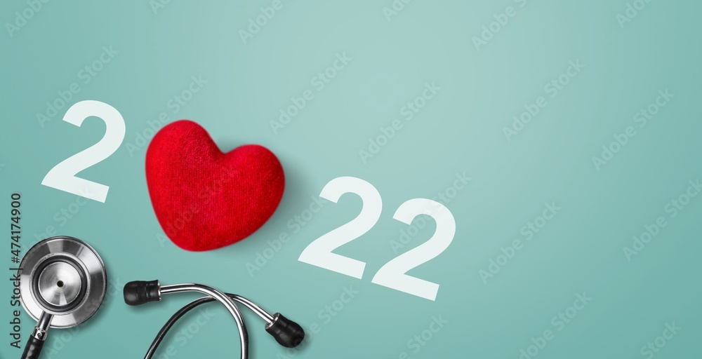 Sticker 2022 with Red heart with a stethoscope, heart health, health insurance concept,