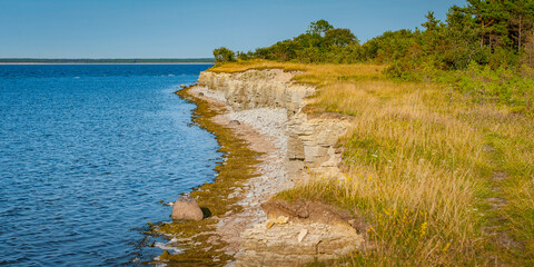 Shattered cliff in Baltic sea. Tagaranna Limestone Cliff. Saaremaa. Estonia.