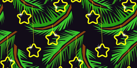 Naklejka na ściany i meble Christmas tree branches with shining stars toys