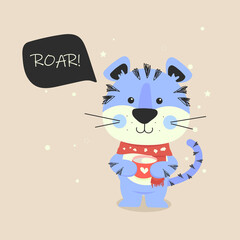 Cute Blue tiger face. Tiger roar. Flat cute tiger. Winter tiger with tea
