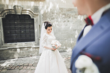 Lovely happy wedding couple, bride with long white dress posing in beautiful city