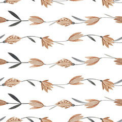 Seamless pattern. Watercolor collection of flowers, autumn leaves, botanical elements on white.