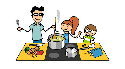 Kinder kochen Essen zusammen mit Vater zuhause