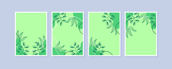 Set 4 illustration wall art. Abstract backgrounds with minimal shapes and botanical line art elements