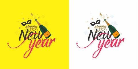 Beautiful Creative Template Design of Happy New Year. Conceptual New Year Wishing Greeting Card. Champagne Bottle Explosion. Editable Illustration.