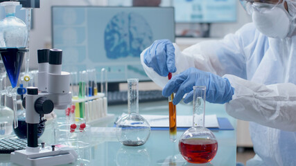 Scientist researcher doctor working at chemical experiment mixing liquid solution using glasses developing vaccine against covid19 in microbiology hospital laboratory. Medical equipment