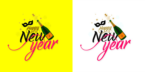 Beautiful Creative Template Design of Happy New Year. Conceptual New Year Wishing Greeting Card. Champagne Bottle Explosion. Editable Illustration.