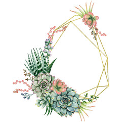 Hand painted succulent frame, Watercolor polygonal floral frame, Gold glitter cactus frame, Botanic Geometry frame with succulents, Nature spring isolated illustration for wedding, invitations