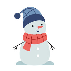 Cute snowman in warm clothes. Winter character. New Year's mood. Outdoor games.
