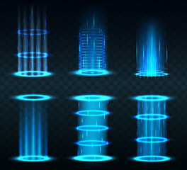 Realistic portal. Level up and teleportation process game effect, futuristic lighting and bright wrap aura. Realistic teleportation portal. Light aura and glowing hologram.