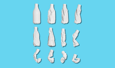 Recycling of plastic waste. A white plastic bottle is deformed against an empty blue background. Ecology, recycling, environmental protection, concept.