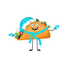 Cute character mexican taco with joyful emotions, happy face, smile, eyes, arms and legs in Santa hat with scarf and mittens. Fast food person with panic expression, sandwich with flatbread.