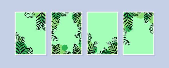 Set 4 illustration wall art. Abstract backgrounds with minimal shapes and botanical line art elements