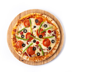 Traditional supreme pizza isolated on white background. Top view. Copy space	