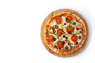 Traditional supreme pizza isolated on white background. Top view. Copy space	