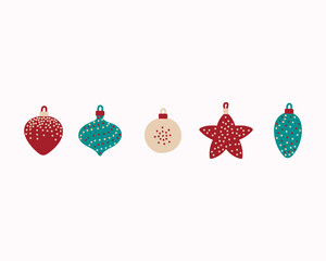 Christmas tree decorations isolated on colored background vector illustration set. The concept of winter holidays and celebrations.