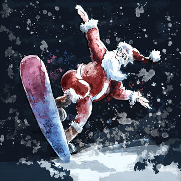 santa claus on a snowboard - merry winter illustration for christmas card
