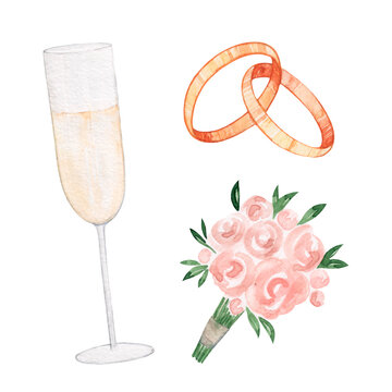 Watercolor set wedding bouquet, glass of champagne, wedding rings. Marriage. A holiday for lovers. Isolated over white background.