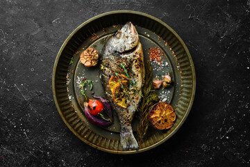 Baked dorado fish with asparagus and vegetables in a metal tray. Free copy space. On a black stone background.