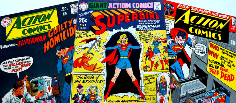 Covers of ACTION COMICS - DC Comics. American Comic book with Superman and Supergirl the first major superhero characters