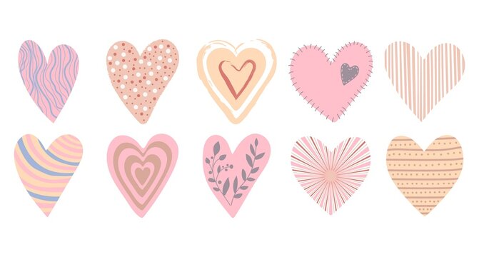 Cute boho Valentines Day hearts set. Romantic pastel colors illustration.