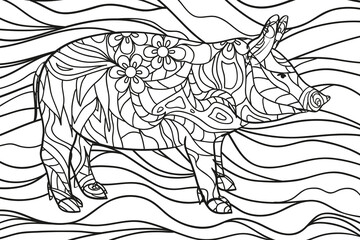 Wavy wallpaper with pig. Zentangle. Hand drawn ornaments on white. Abstract patterns on isolated background. Design for spiritual relaxation for adults. Line art creation. Black and white illustration