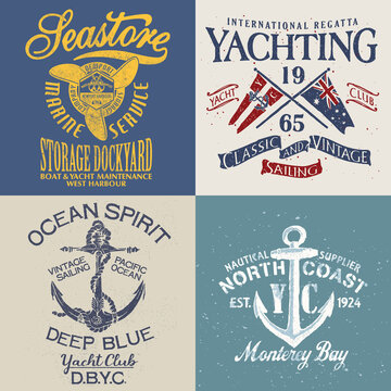 Vintage yacht club graphics vector collection of grunge nautical prints for t shirt