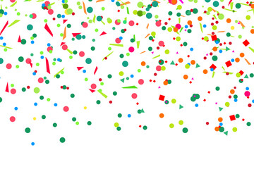 Colored pattern with geometric elements on white. Holiday background with confetti. Texture from glitters. Festive frame. Print for banners, posters, t-shirts and textiles. Greeting cards