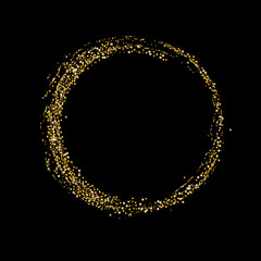 Gold glitter confetti on a black background. Scattered in a circle are shiny particles, sand. Decorative element, golden zen. Luxury background for your design, postcard, vector
