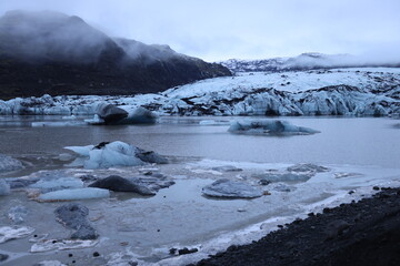 The Solheimajokull glacier in winter, Iceland
