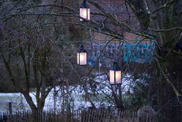 Christmas decoration with Lanterns hanging on tree at City of Zürich on a snowy winter morning....