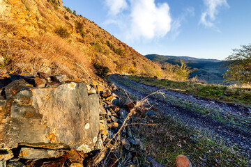 Slate rocks on the road to the Parra dam in Sierra Norte. Madrid. Spain. Europe.