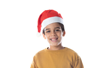 Portrait of a little child in red santa hat on white background