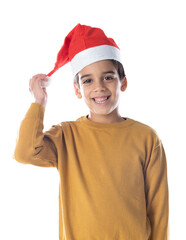 Portrait of a little child in red santa hat on white background