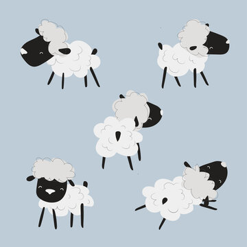 Cute cartoon sheep set. Vector illustration. Isolated elements on light blue background.
