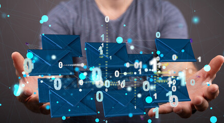 touching 3D rendering flying email icon with his fin