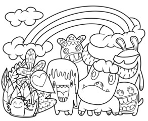 Cute monsters are playing  for fun. illustration, cute hand drawn coloring book doodles.