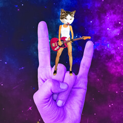 Rock Star Kitty in stylish cosmic space. Contemporary art collage. Party, music, clubbing concept