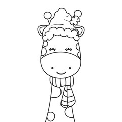 cute cartoon character black and white giraffe with santa claus hat and scarf funny vector illustration for christmas holiday coloring art
