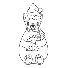 Cute lovely hand drawn cartoon character baby black and white polar bear with santa claus hat and gift box winter holiday vector illustration for christmas coloring art