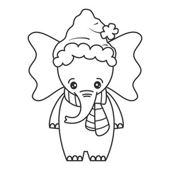 cute cartoon character black and white baby elephant with santa claus hat and scarf funny vector illustration for christmas holiday coloring art