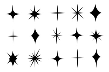 Sparkle star set icon in simple style, vector illustration. Effect shiny and twinkle for design. Silhouette collection star isolated symbol for decor. Black simple shape star on white background